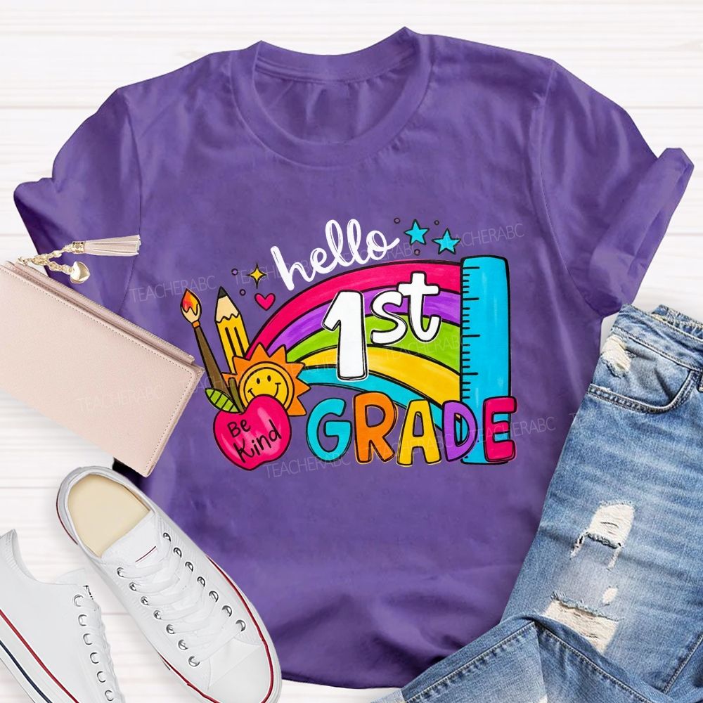 Personalized Grade Hello 1st Grade Rainbow Be Kind Apple Teacher T-shirt