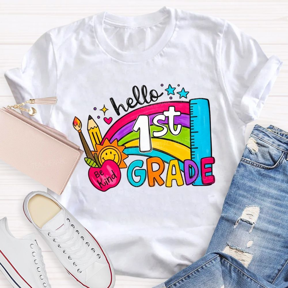 Personalized Grade Hello 1st Grade Rainbow Be Kind Apple Teacher T-shirt