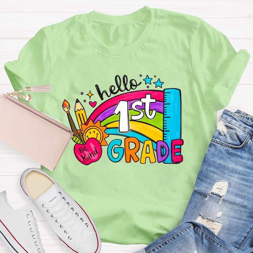Personalized Grade Hello 1st Grade Rainbow Be Kind Apple Teacher T-shirt