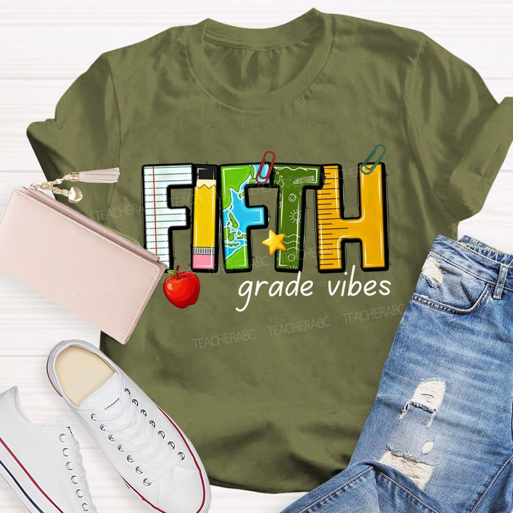 Personalized Grade Fifth Grade Vibes Notebook Pencil Globe Apple Teacher T-shirt