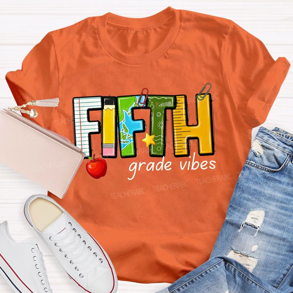 Personalized Grade Fifth Grade Vibes Notebook Pencil Globe Apple Teacher T-shirt