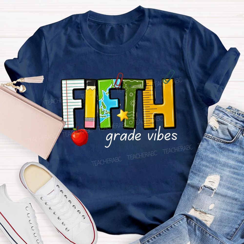 Personalized Grade Fifth Grade Vibes Notebook Pencil Globe Apple Teacher T-shirt