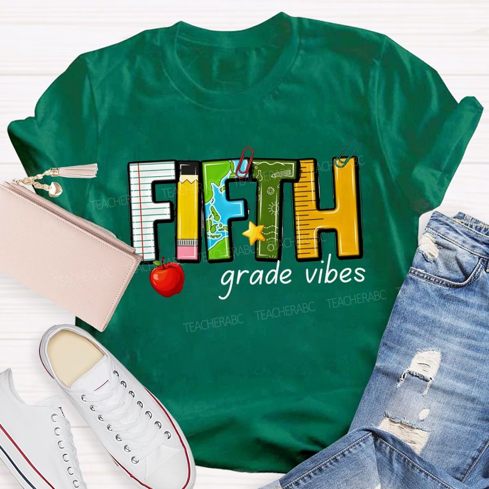 Personalized Grade Fifth Grade Vibes Notebook Pencil Globe Apple Teacher T-shirt