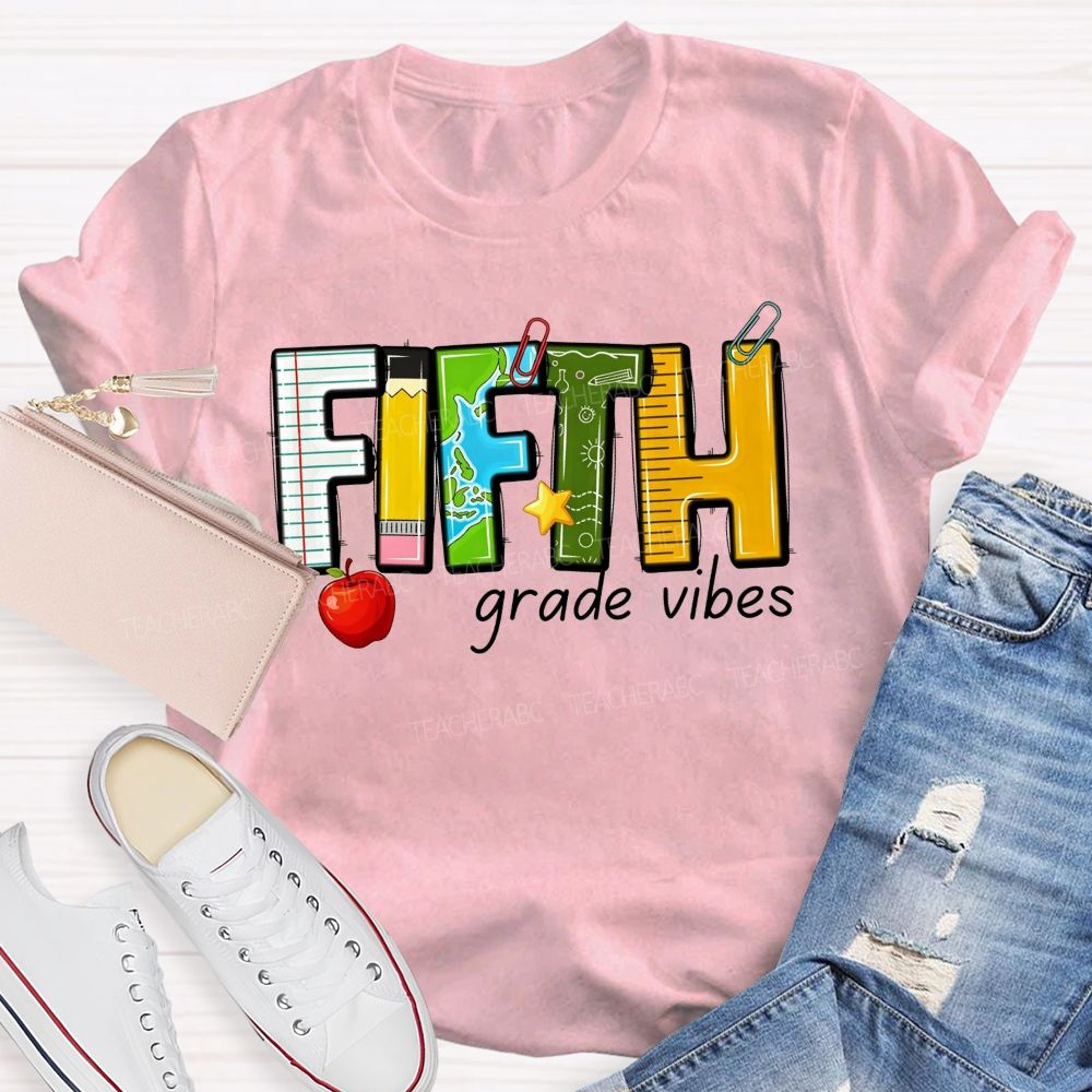 Personalized Grade Fifth Grade Vibes Notebook Pencil Globe Apple Teacher T-shirt