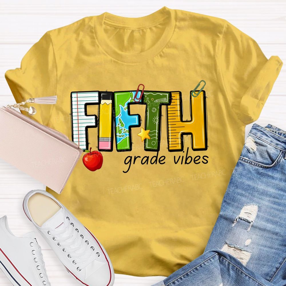 Personalized Grade Fifth Grade Vibes Notebook Pencil Globe Apple Teacher T-shirt