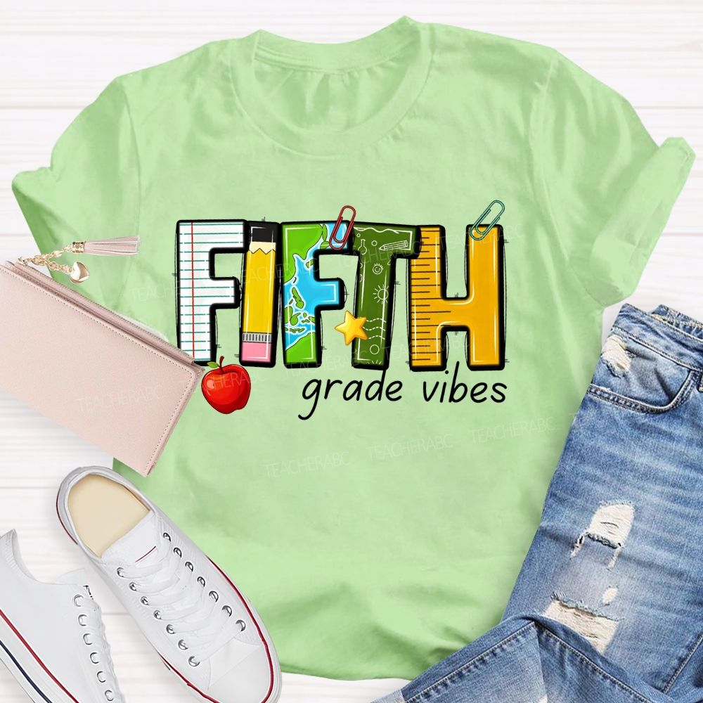 Personalized Grade Fifth Grade Vibes Notebook Pencil Globe Apple Teacher T-shirt