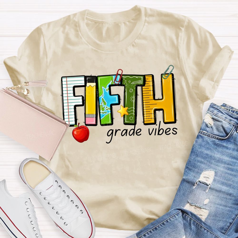 Personalized Grade Fifth Grade Vibes Notebook Pencil Globe Apple Teacher T-shirt