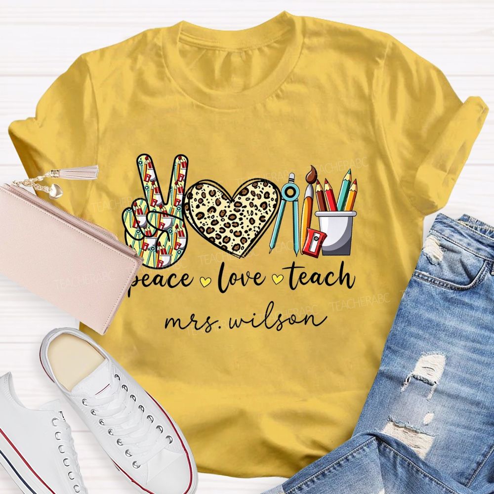 Personalized Name Peace Love Teach Leopard Heart Teacher T-shirt