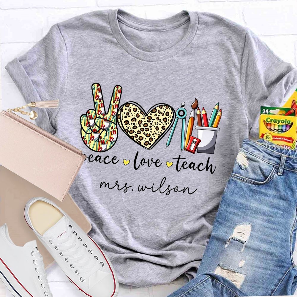 Personalized Name Peace Love Teach Leopard Heart Teacher T-shirt