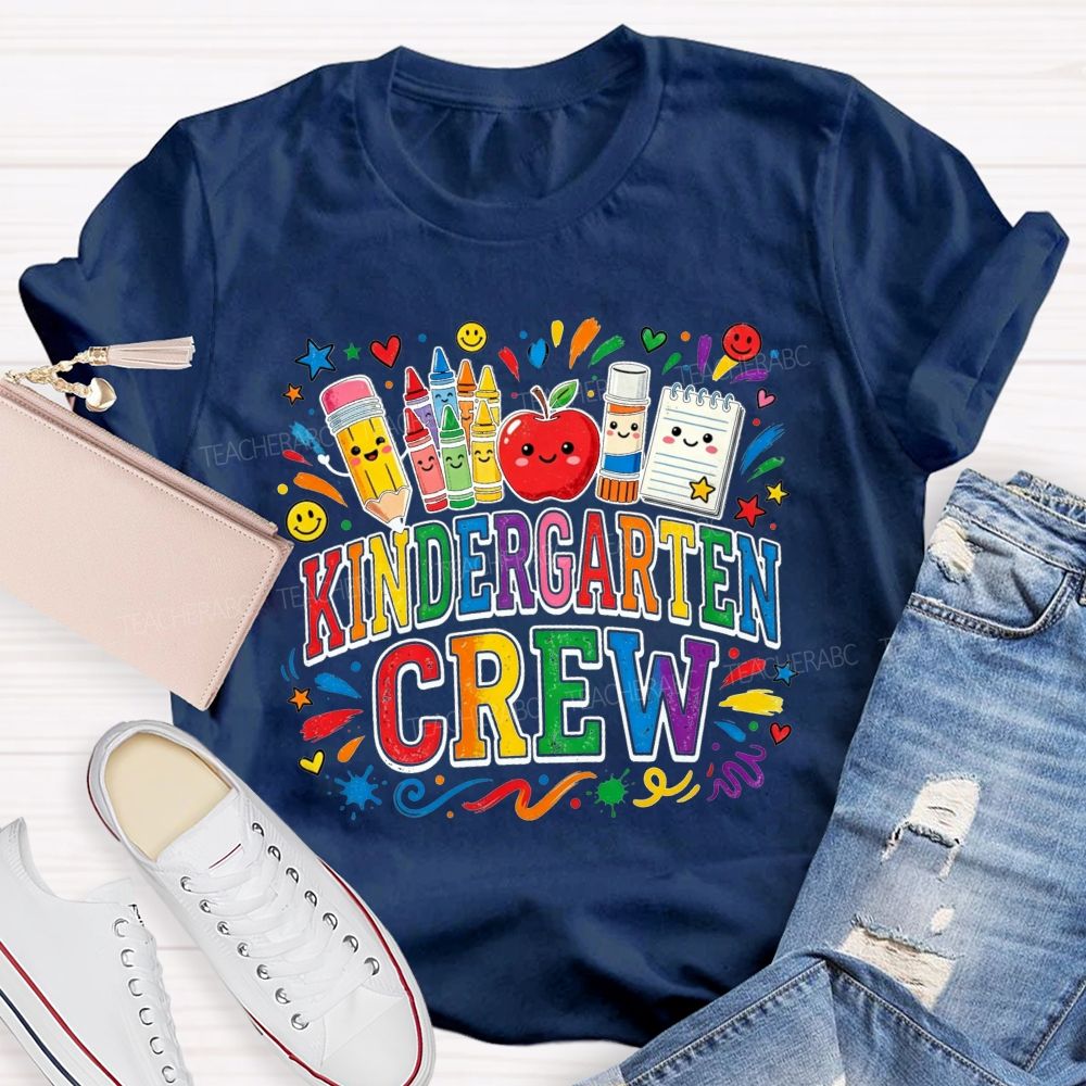 Personalized Grade Kindergarten Crew Apple Crayon Pencil Teacher T-shirt
