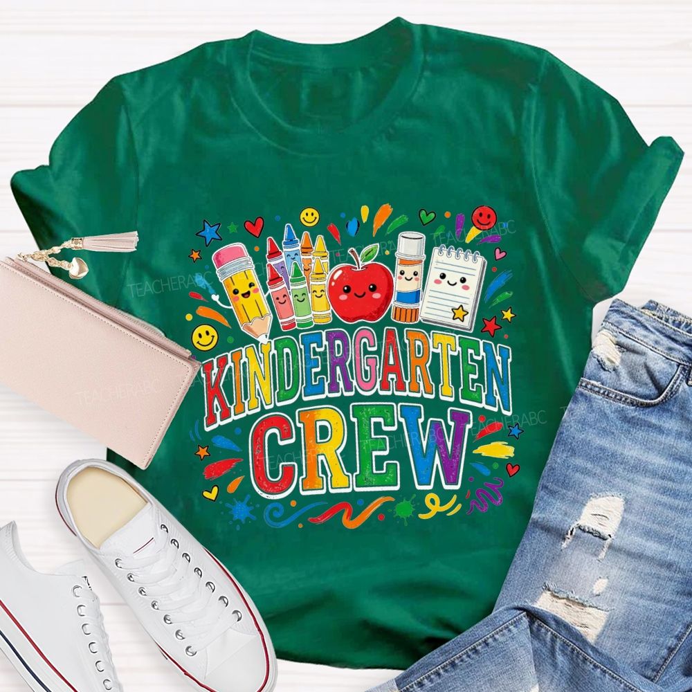 Personalized Grade Kindergarten Crew Apple Crayon Pencil Teacher T-shirt