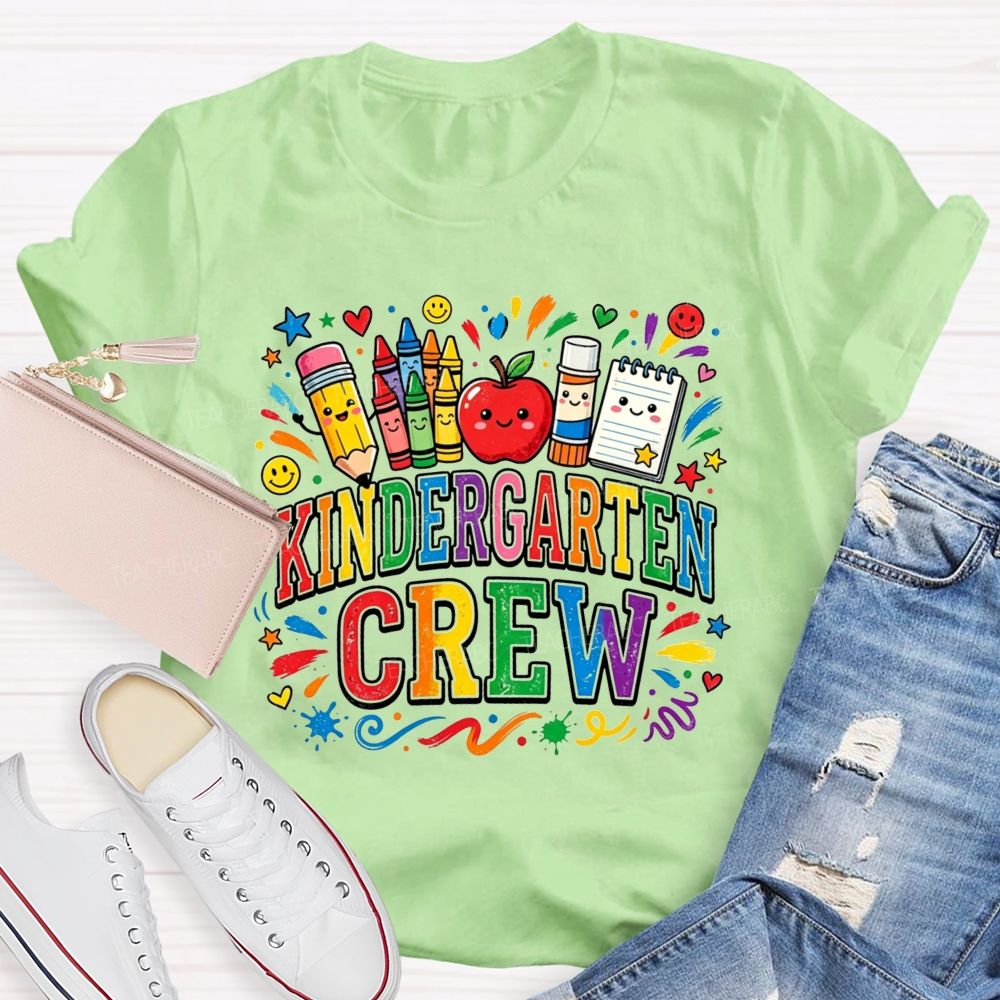 Personalized Grade Kindergarten Crew Apple Crayon Pencil Teacher T-shirt