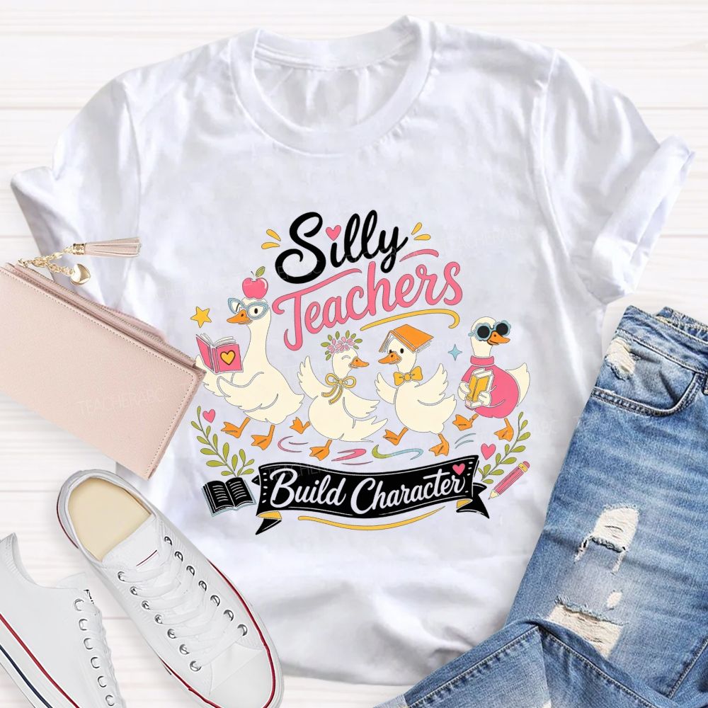 Silly Teachers Build Character Book Apple Floral Teacher T-shirt