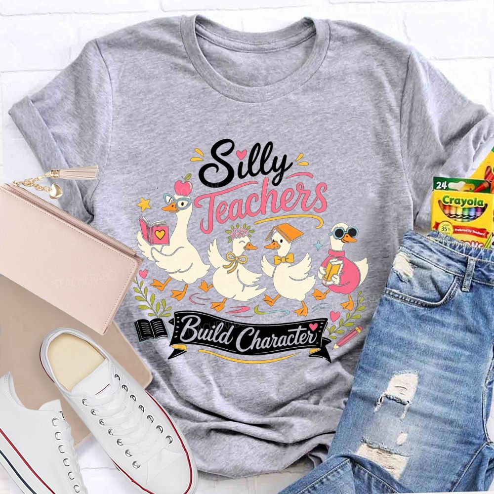 Silly Teachers Build Character Book Apple Floral Teacher T-shirt