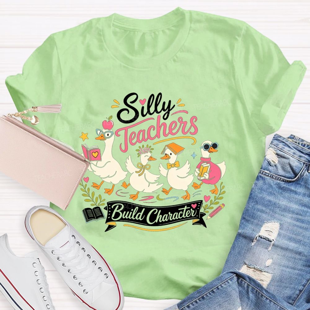 Silly Teachers Build Character Book Apple Floral Teacher T-shirt