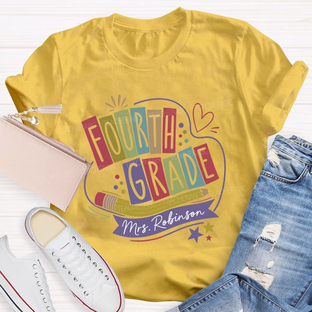 Personalized Name And Grade Heart Star Teacher T-shirt