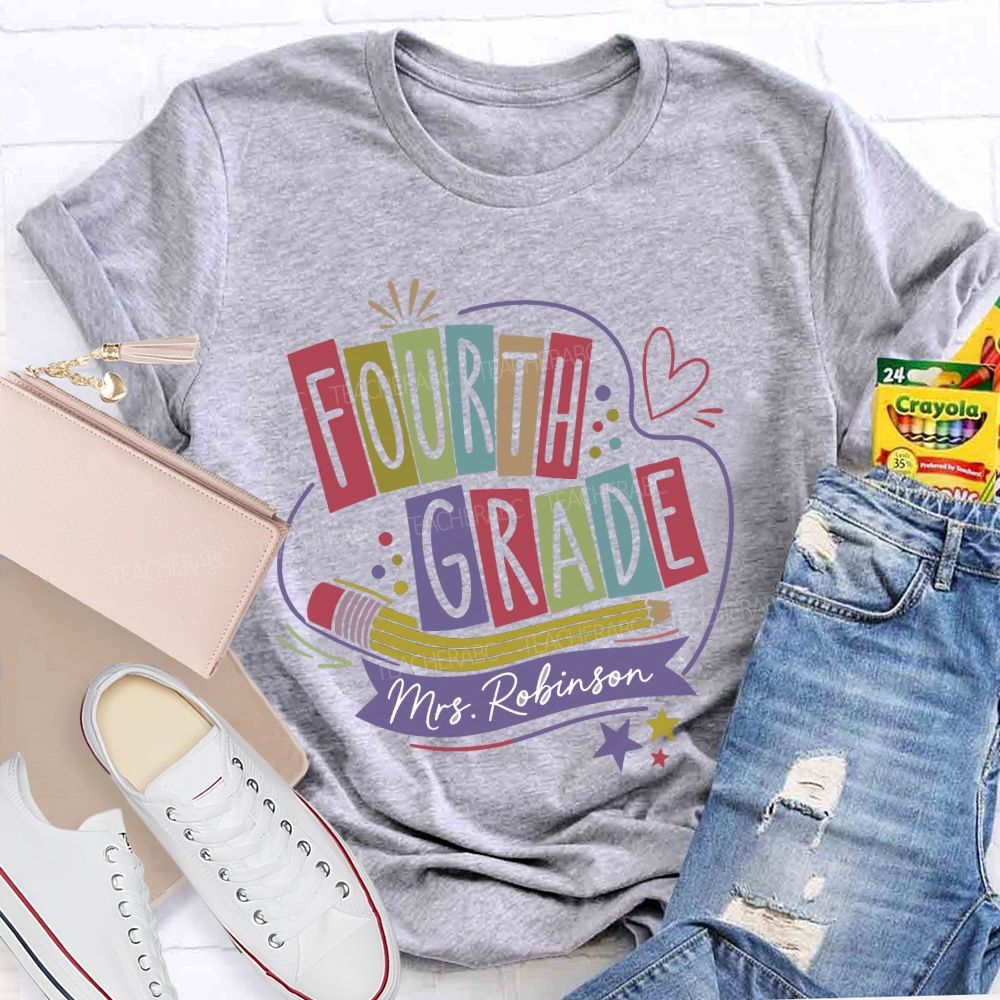 Personalized Name And Grade Heart Star Teacher T-shirt