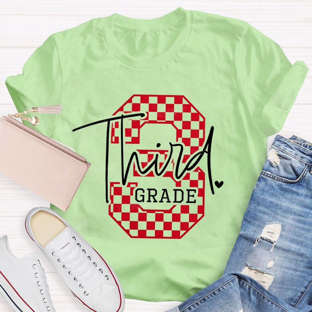 Personalized Grade Checkered Third Grade Script Heart Teacher T-shirt