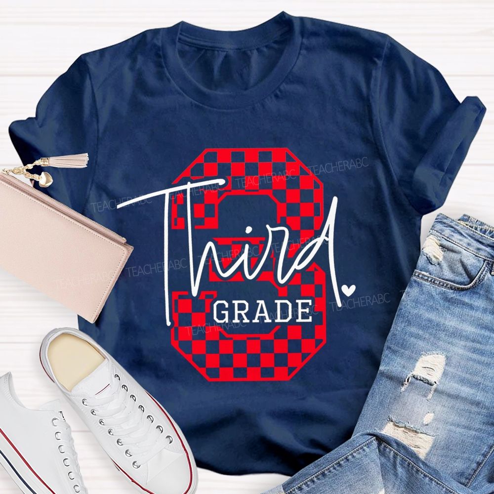 Personalized Grade Checkered Third Grade Script Heart Teacher T-shirt
