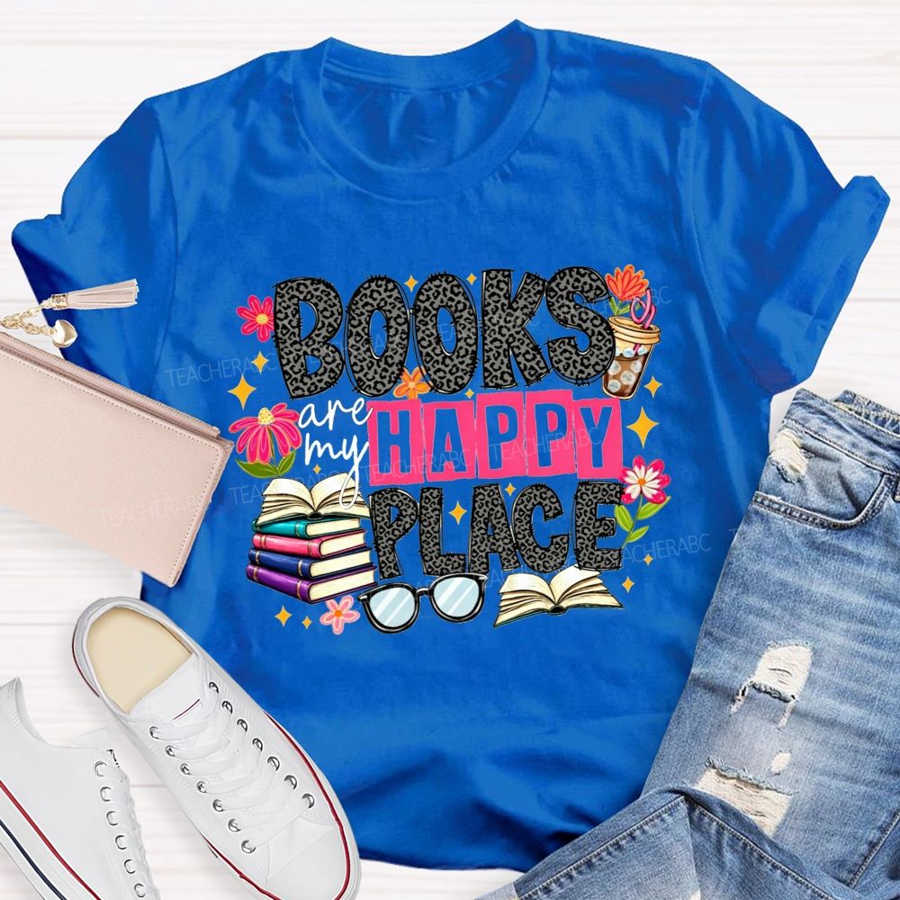 Books Are My Happy Place Leopard Print Book Lover Teacher T-shirt