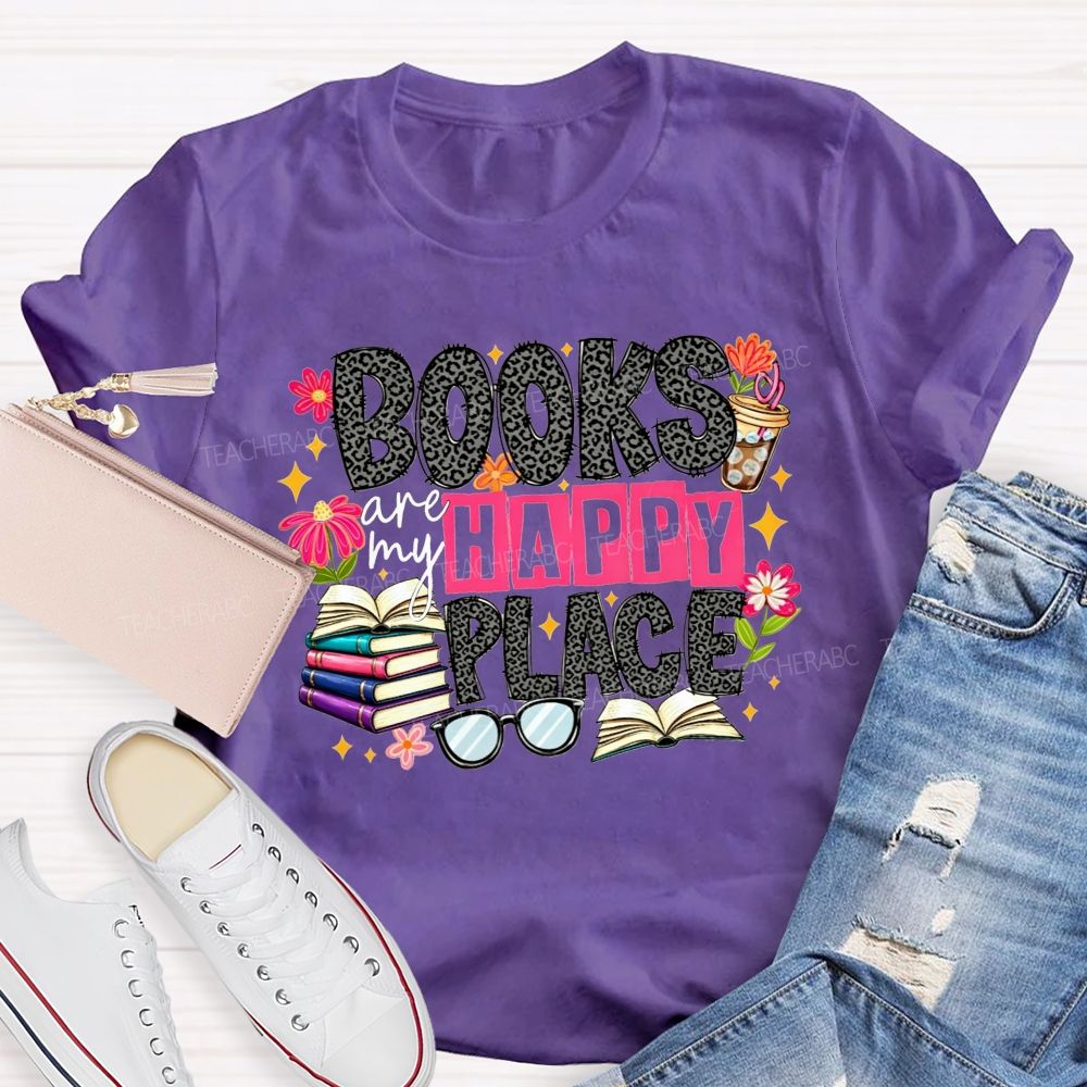 Books Are My Happy Place Leopard Print Book Lover Teacher T-shirt
