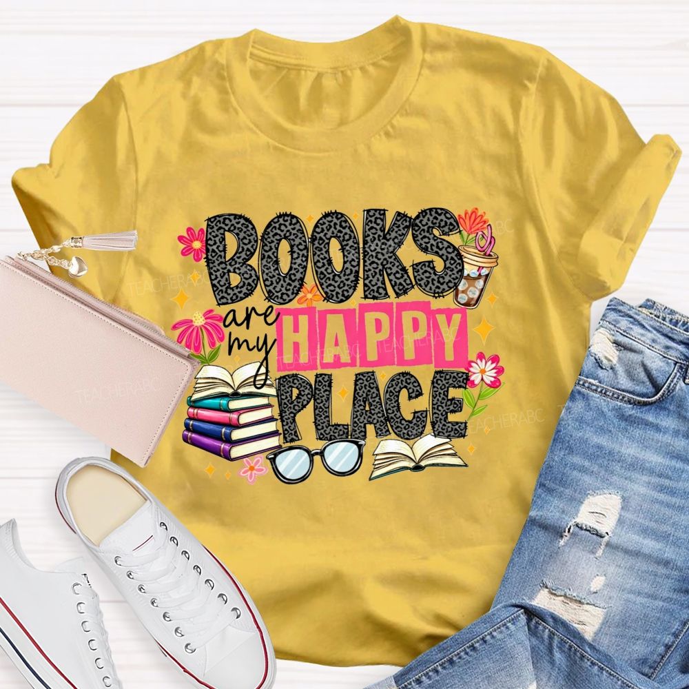 Books Are My Happy Place Leopard Print Book Lover Teacher T-shirt