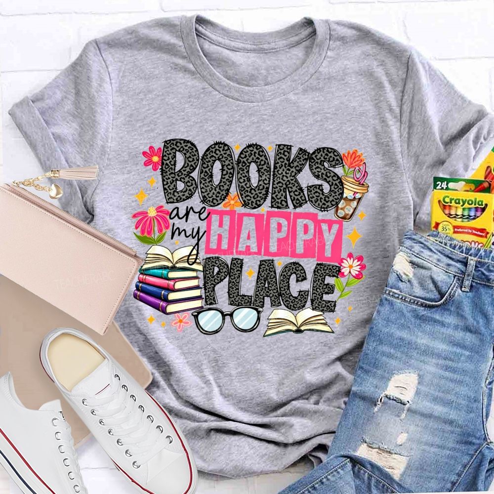 Books Are My Happy Place Leopard Print Book Lover Teacher T-shirt