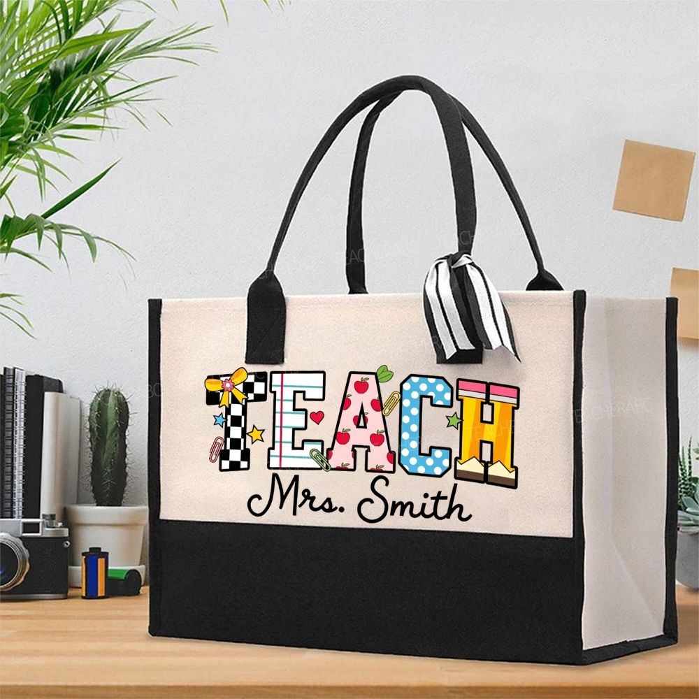 Personalized Name Teacher Back To School Cotton Tote Bag
