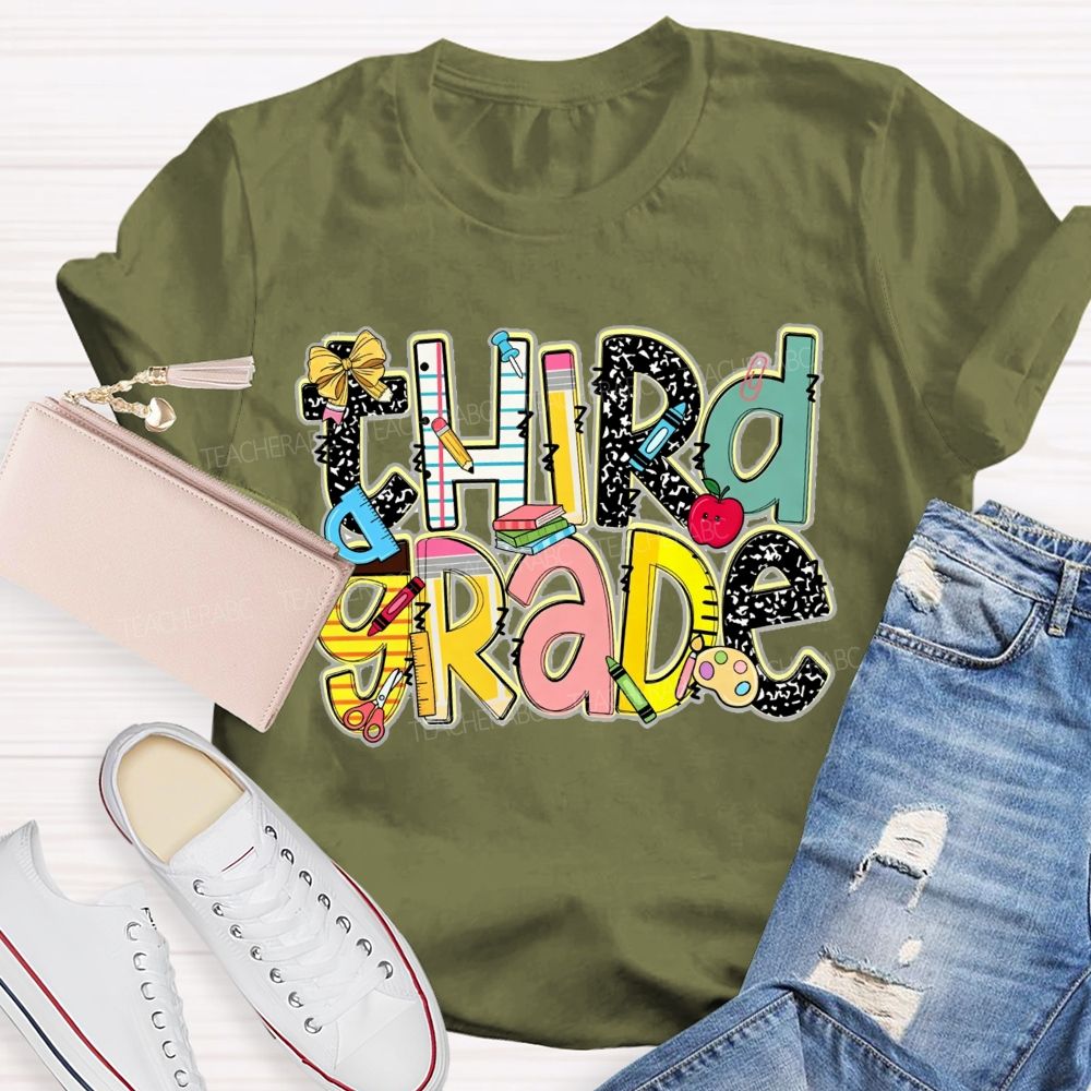 Personalized Grade Crayons Rulers And Wonderful Third Grade Days Teacher T-shirt