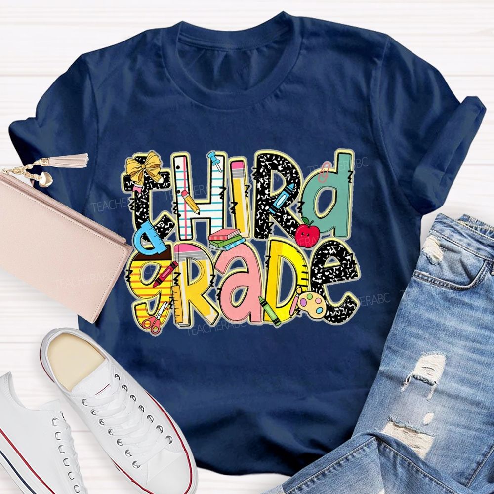 Personalized Grade Crayons Rulers And Wonderful Third Grade Days Teacher T-shirt