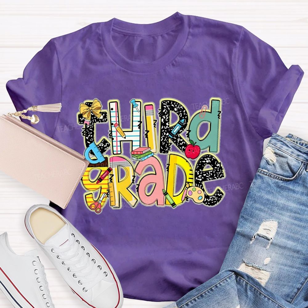 Personalized Grade Crayons Rulers And Wonderful Third Grade Days Teacher T-shirt