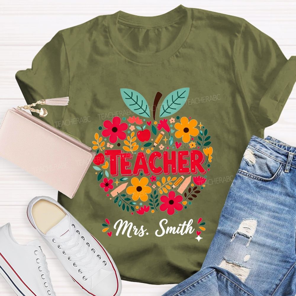 Personalized Name Teacher Wildflower Filled Apple Teacher T-shirt