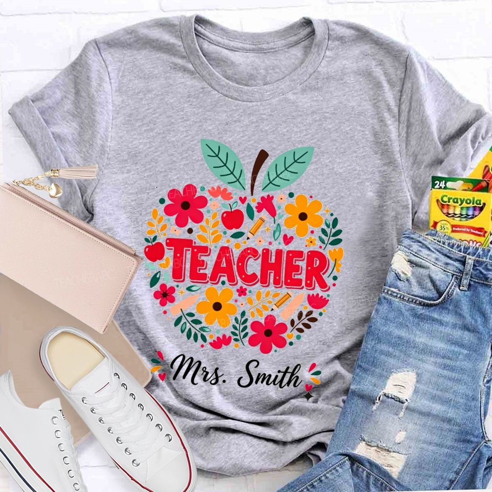Personalized Name Teacher Wildflower Filled Apple Teacher T-shirt