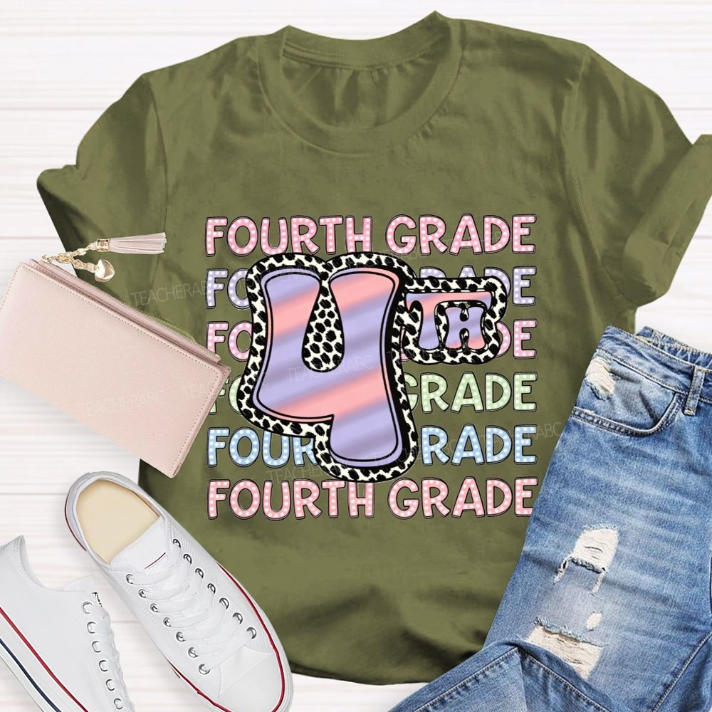 Personalized Grade Fourth Grade Vibes Leopard Print Teacher T-shirt