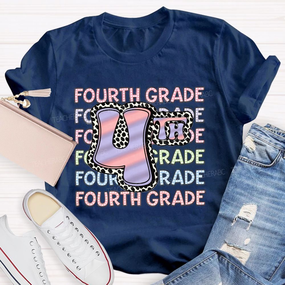 Personalized Grade Fourth Grade Vibes Leopard Print Teacher T-shirt