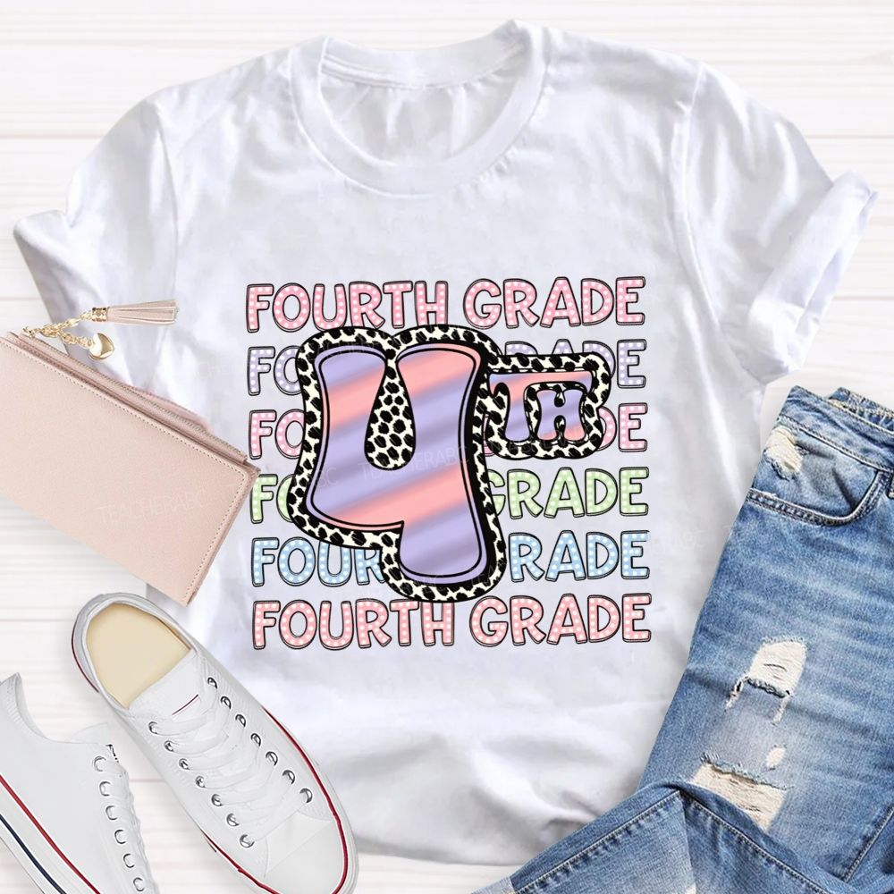 Personalized Grade Fourth Grade Vibes Leopard Print Teacher T-shirt