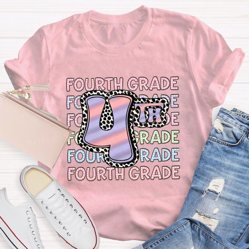 Personalized Grade Fourth Grade Vibes Leopard Print Teacher T-shirt