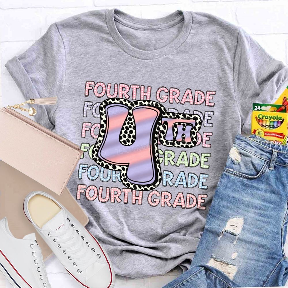 Personalized Grade Fourth Grade Vibes Leopard Print Teacher T-shirt