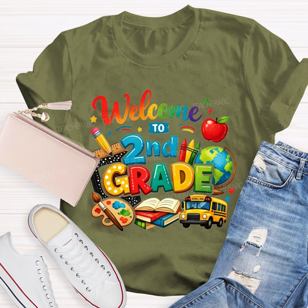 Personalized Grade Welcome To 2nd Grade School Bus And Crayons Teacher T-shirt
