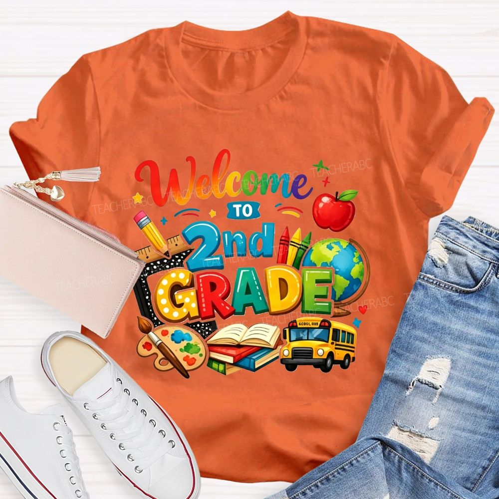 Personalized Grade Welcome To 2nd Grade School Bus And Crayons Teacher T-shirt