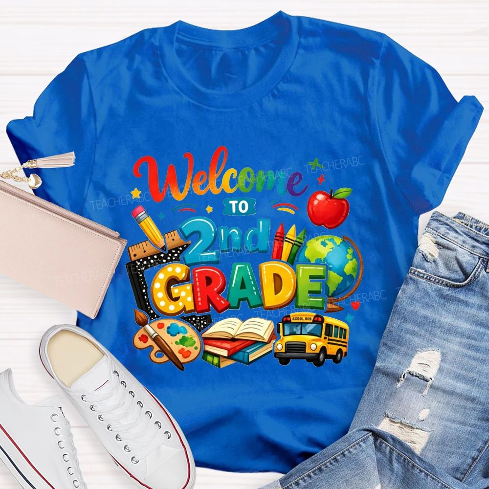 Personalized Grade Welcome To 2nd Grade School Bus And Crayons Teacher T-shirt