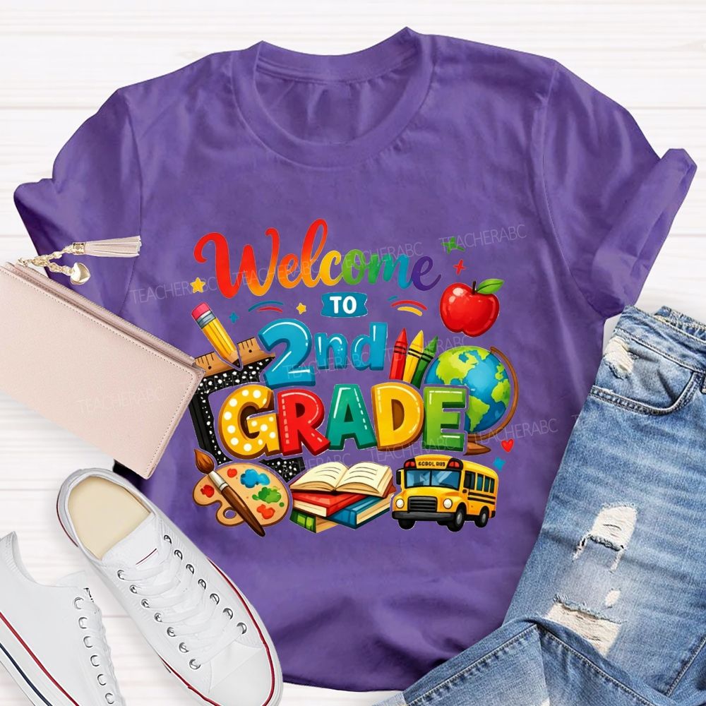 Personalized Grade Welcome To 2nd Grade School Bus And Crayons Teacher T-shirt