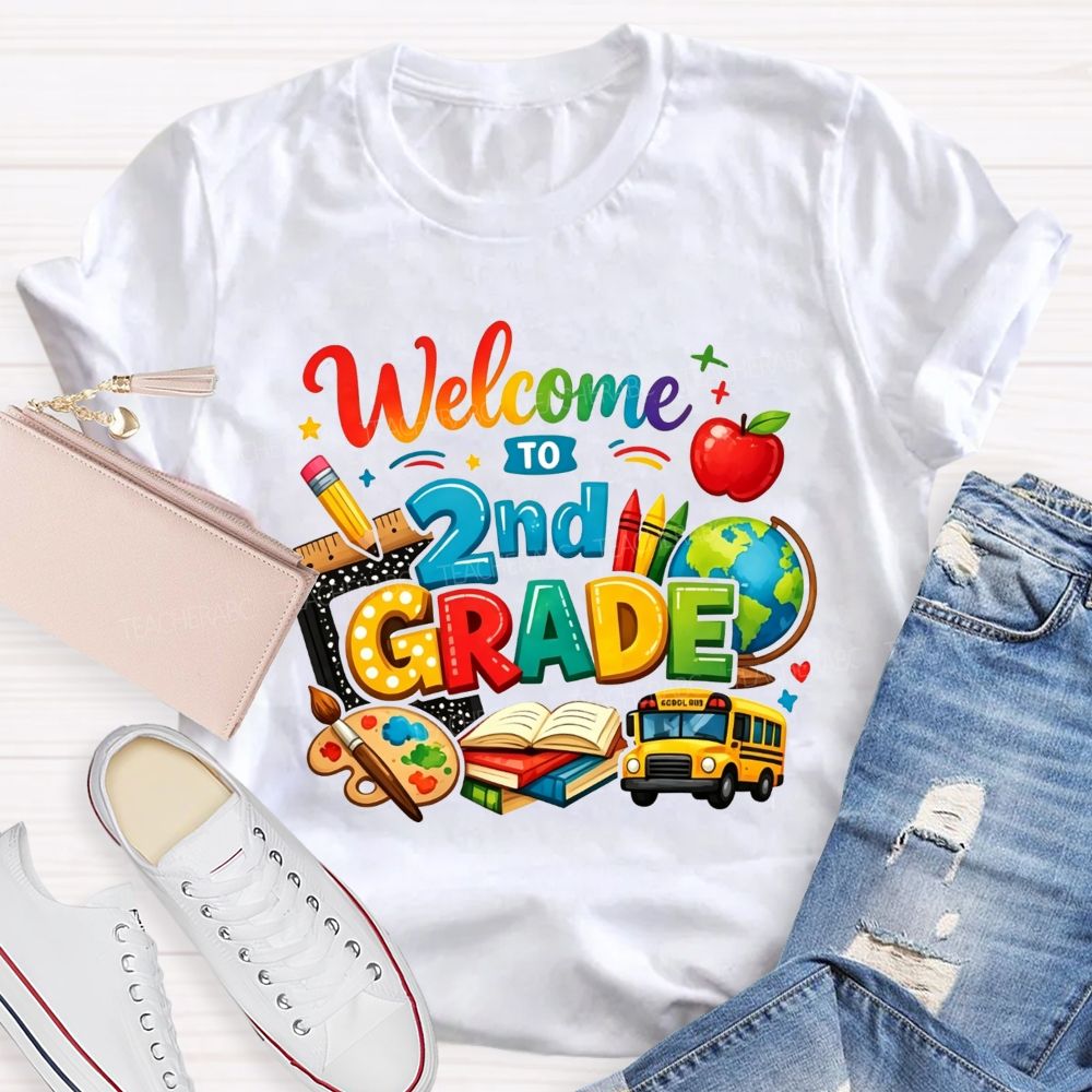 Personalized Grade Welcome To 2nd Grade School Bus And Crayons Teacher T-shirt