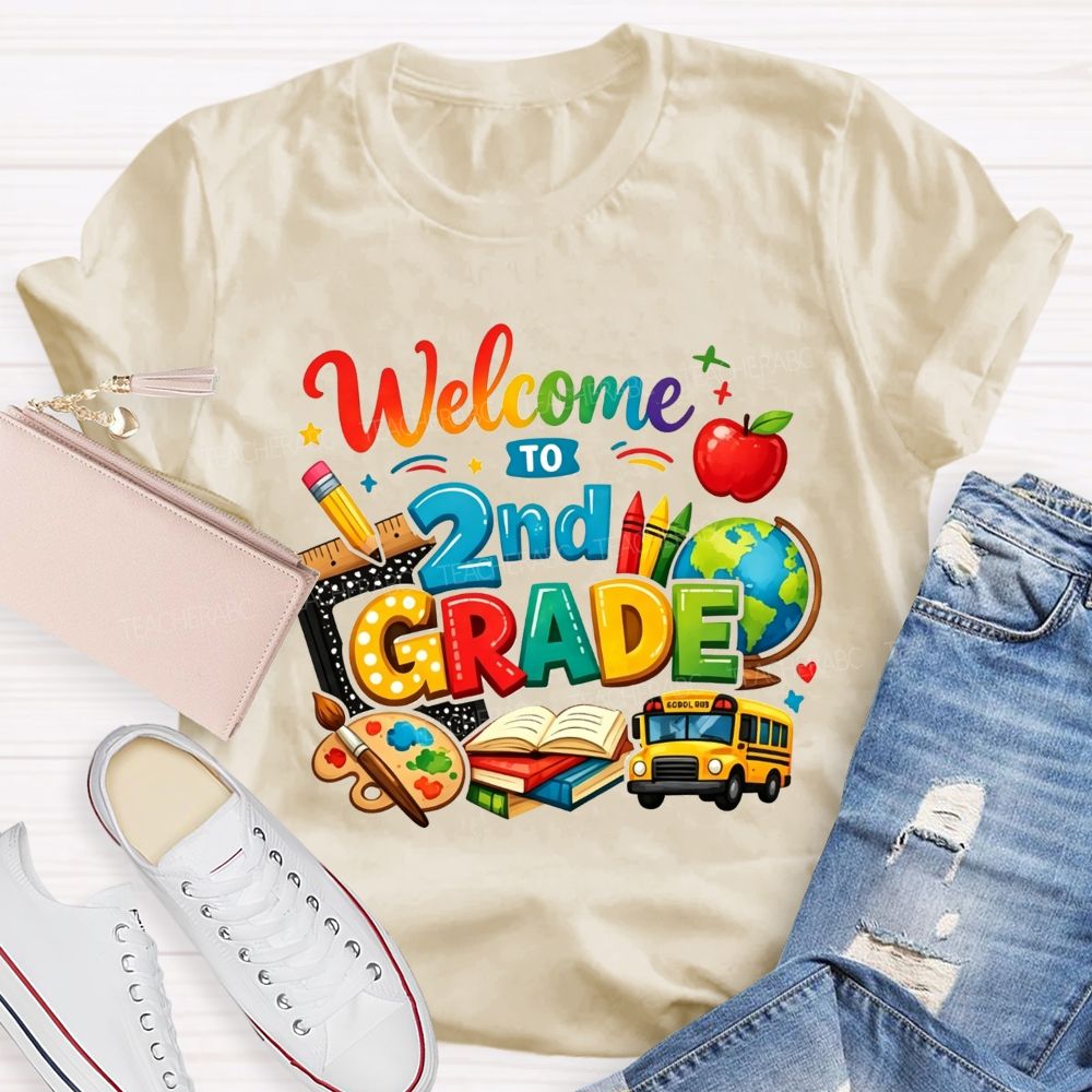 Personalized Grade Welcome To 2nd Grade School Bus And Crayons Teacher T-shirt