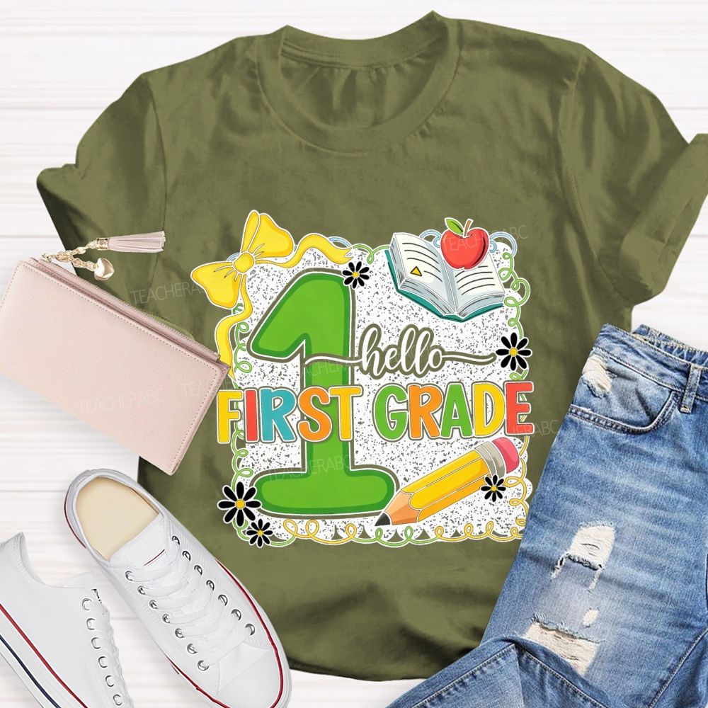 Personalized Grade Hello First Grade My Favorite Adventure Teacher T-shirt