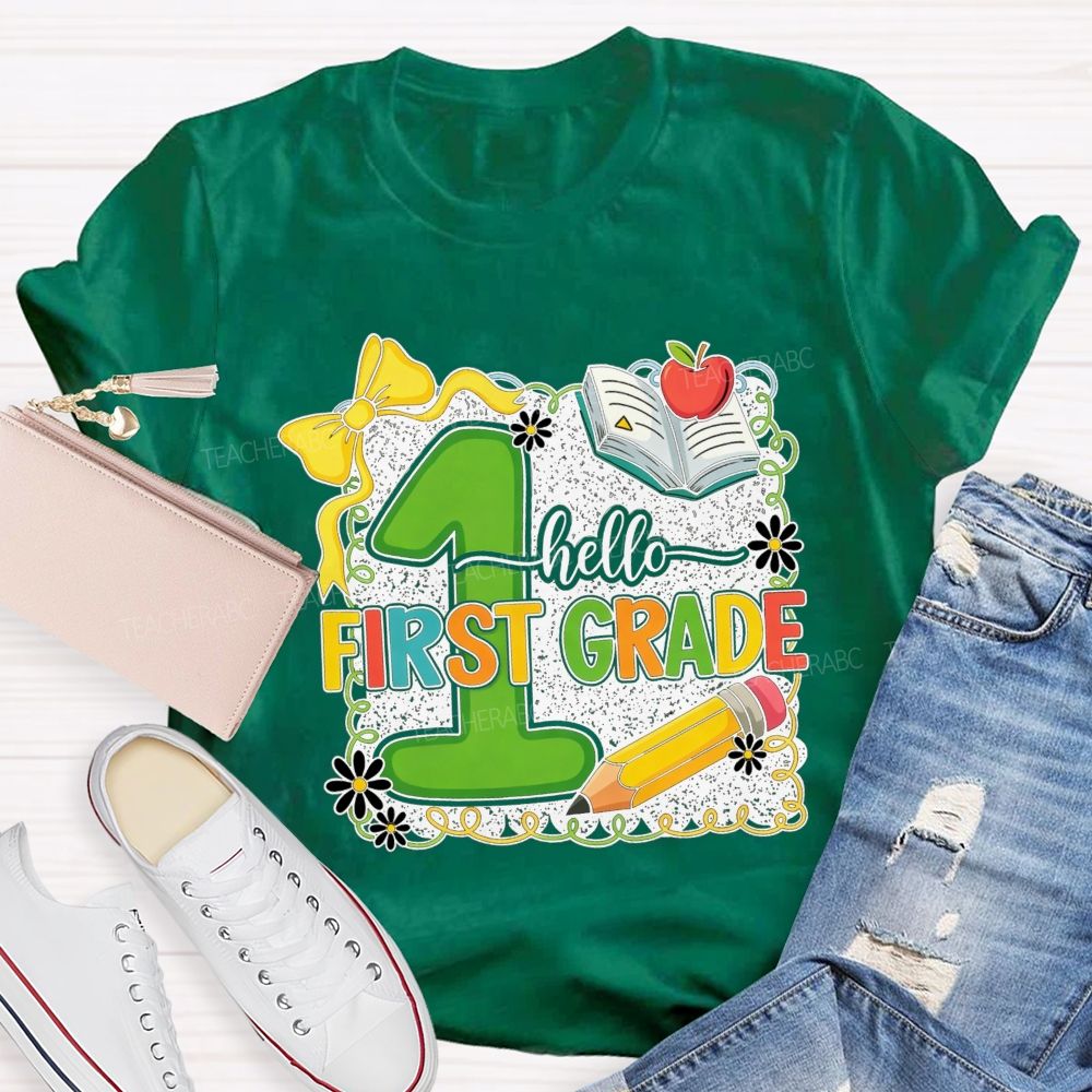 Personalized Grade Hello First Grade My Favorite Adventure Teacher T-shirt