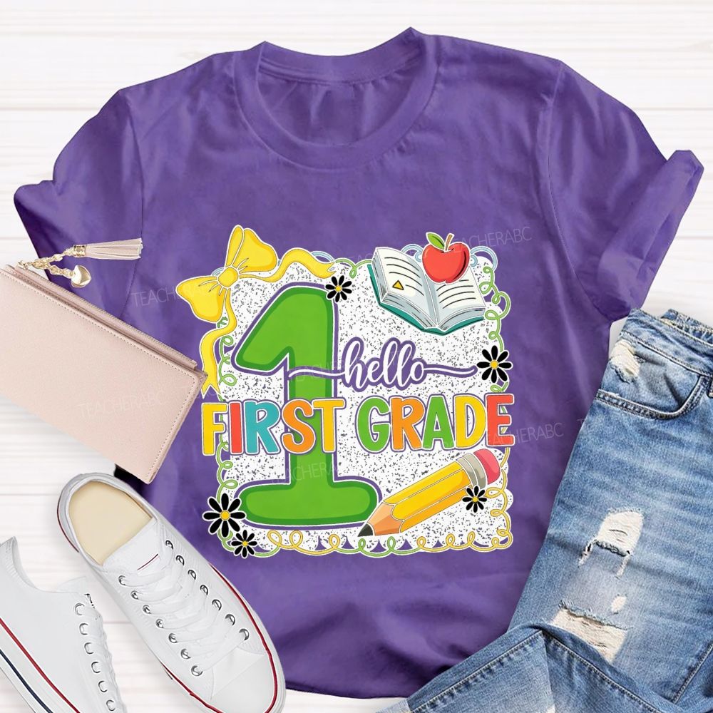Personalized Grade Hello First Grade My Favorite Adventure Teacher T-shirt