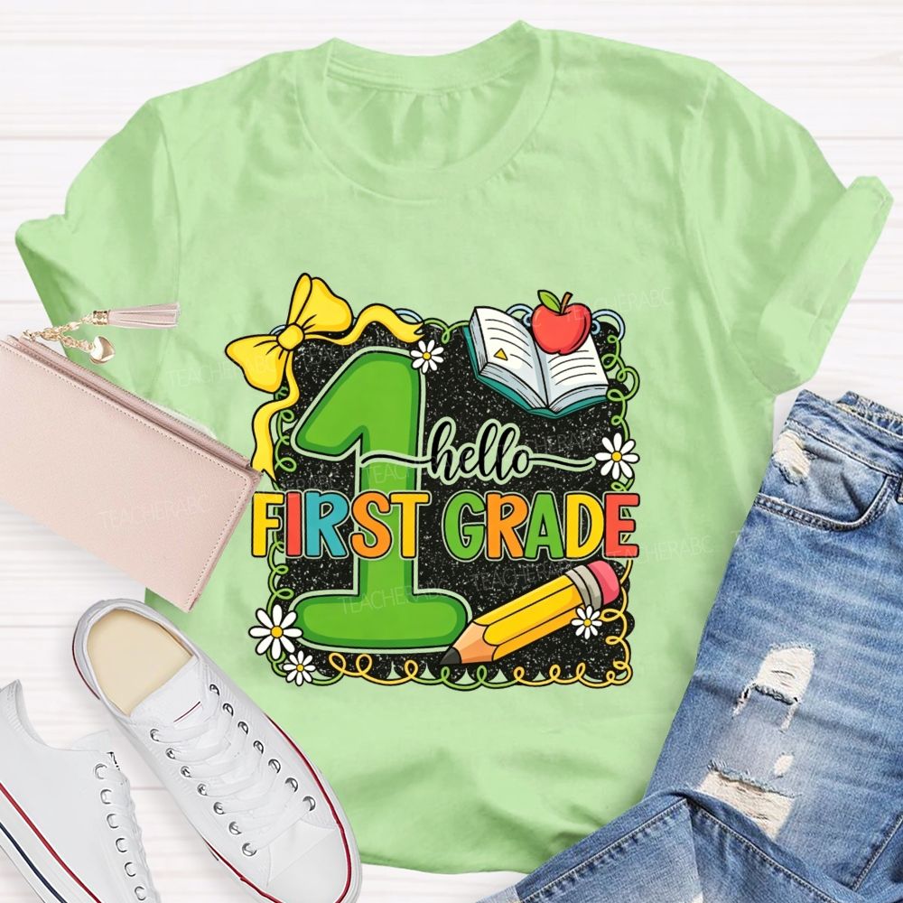 Personalized Grade Hello First Grade My Favorite Adventure Teacher T-shirt