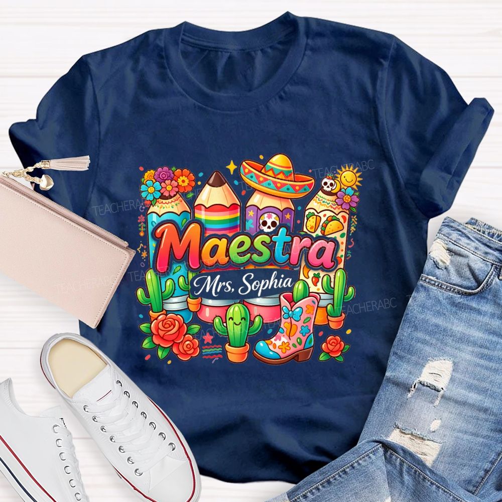 Personalized Name Mexico Floral Teacher T-shirt
