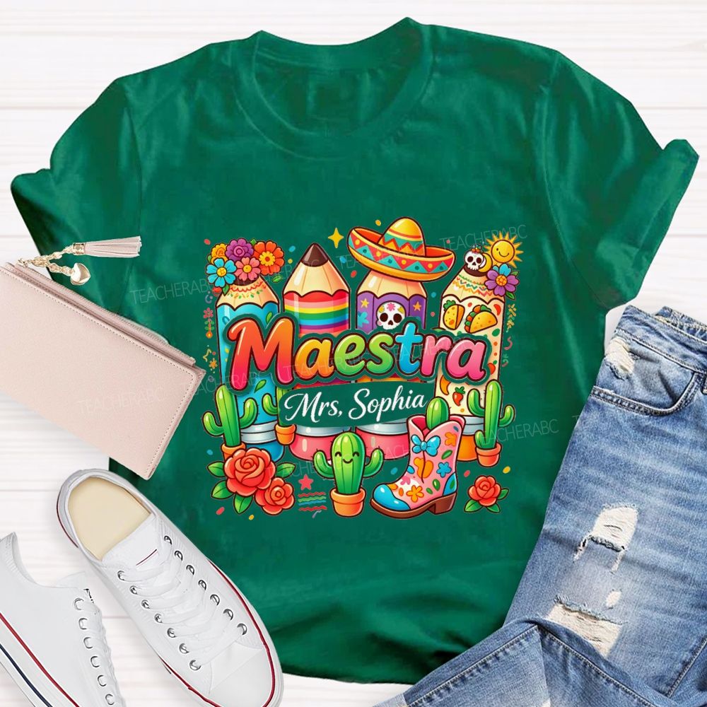 Personalized Name Mexico Floral Teacher T-shirt